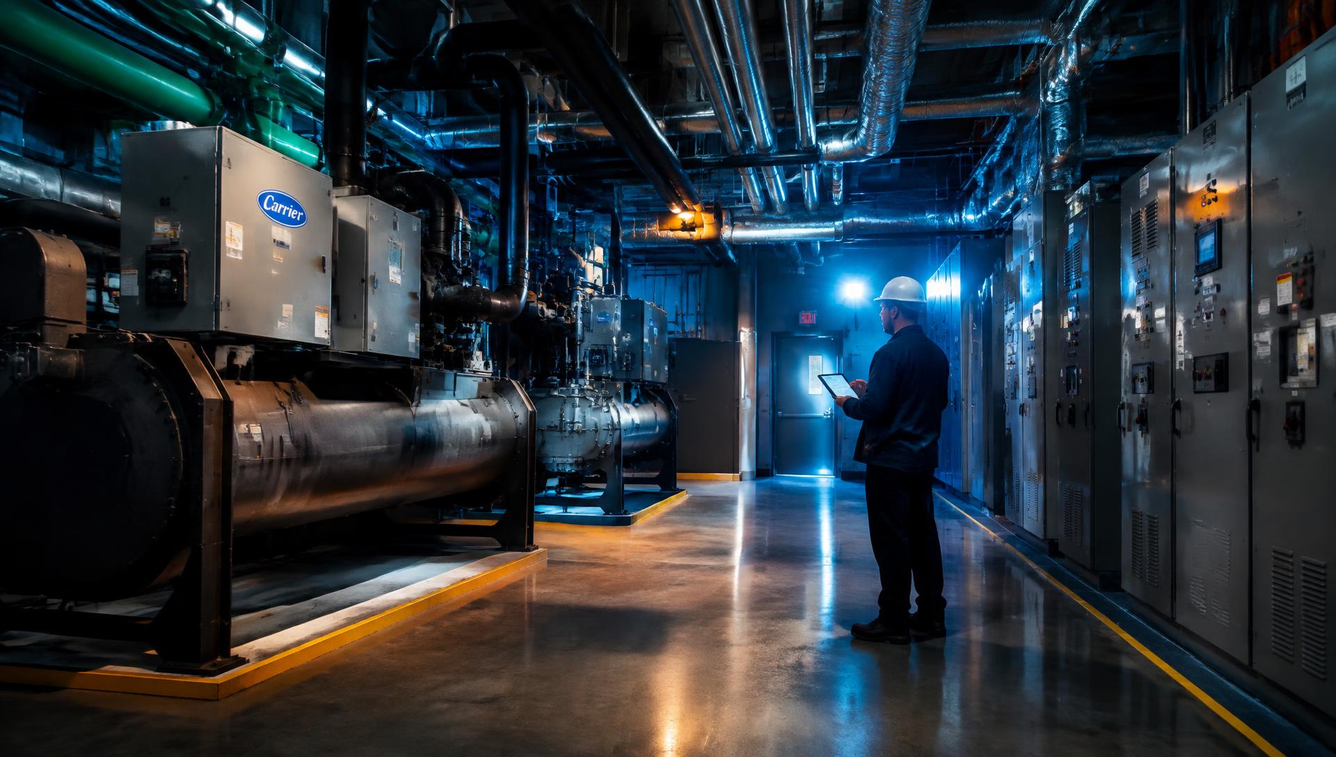 Technician with a tablet inspecting a hotel engineering plant room