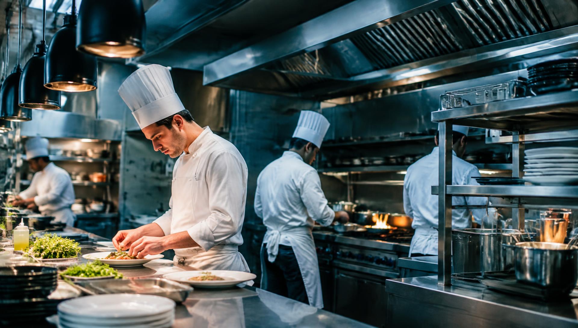 Chefs preparing food in a professional hotel kitchen