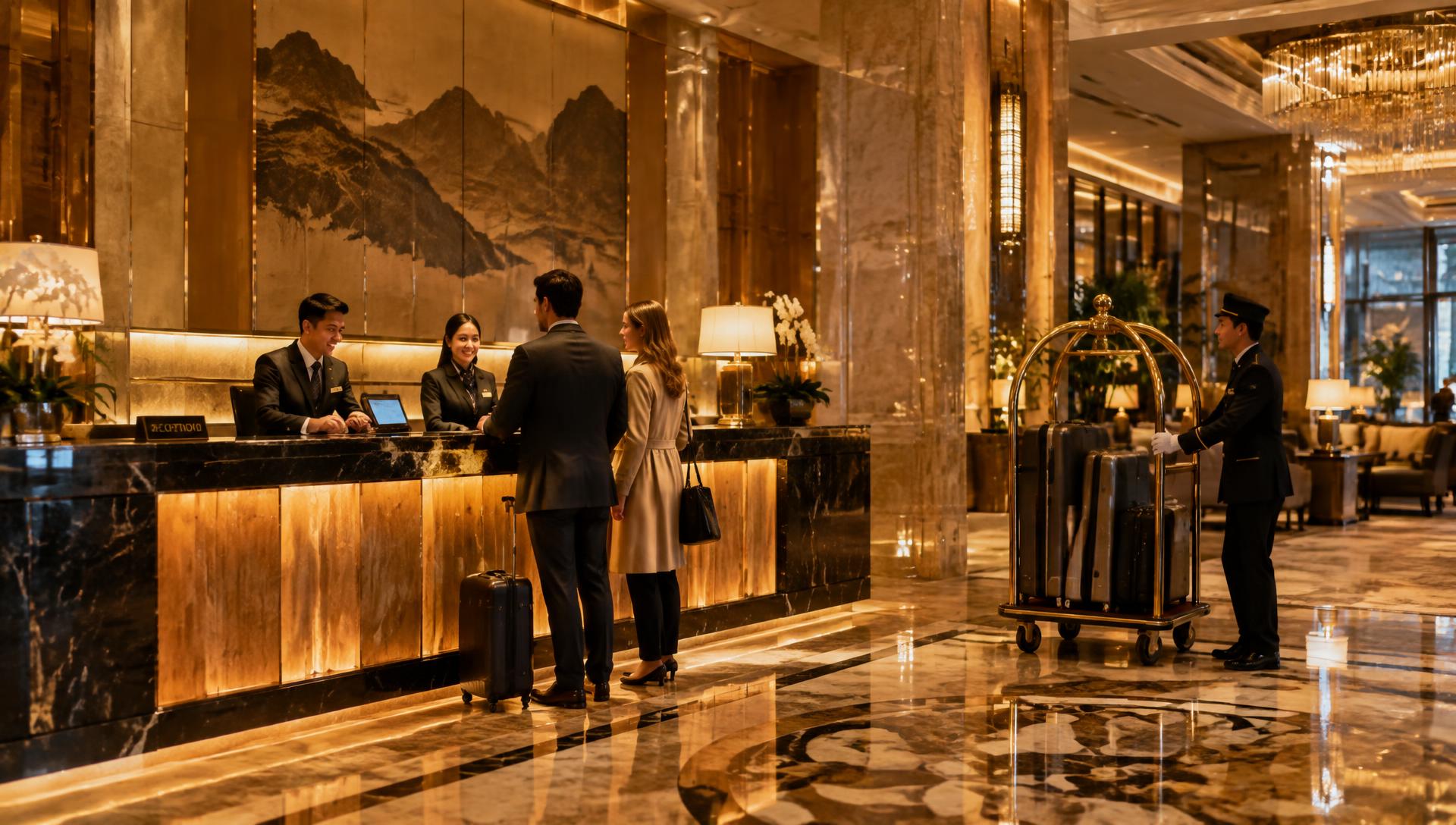 Hotel lobby with front office staff welcoming arriving guests and a bellman with luggage