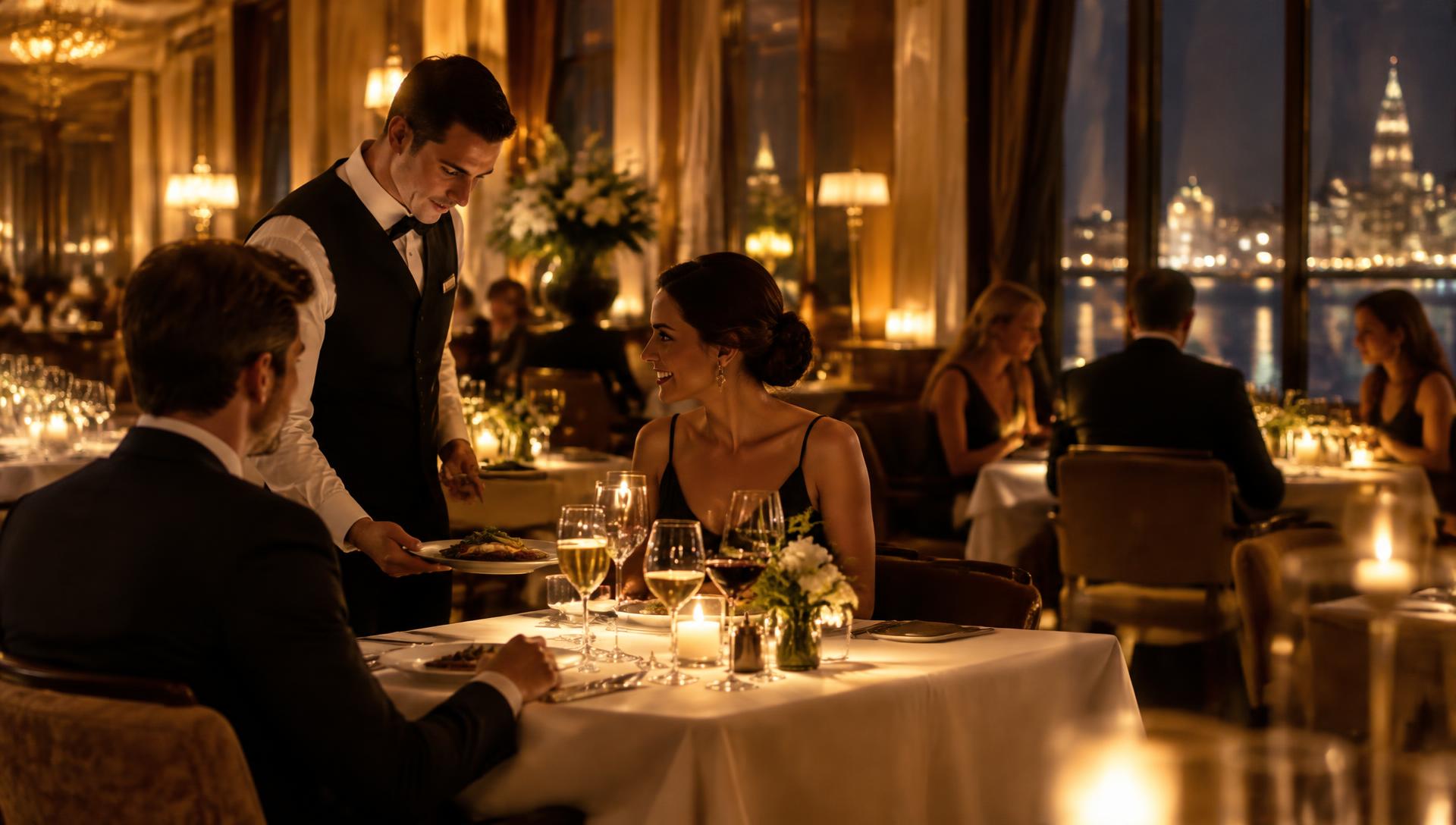 Waiter serving guests at a candlelit luxury hotel restaurant