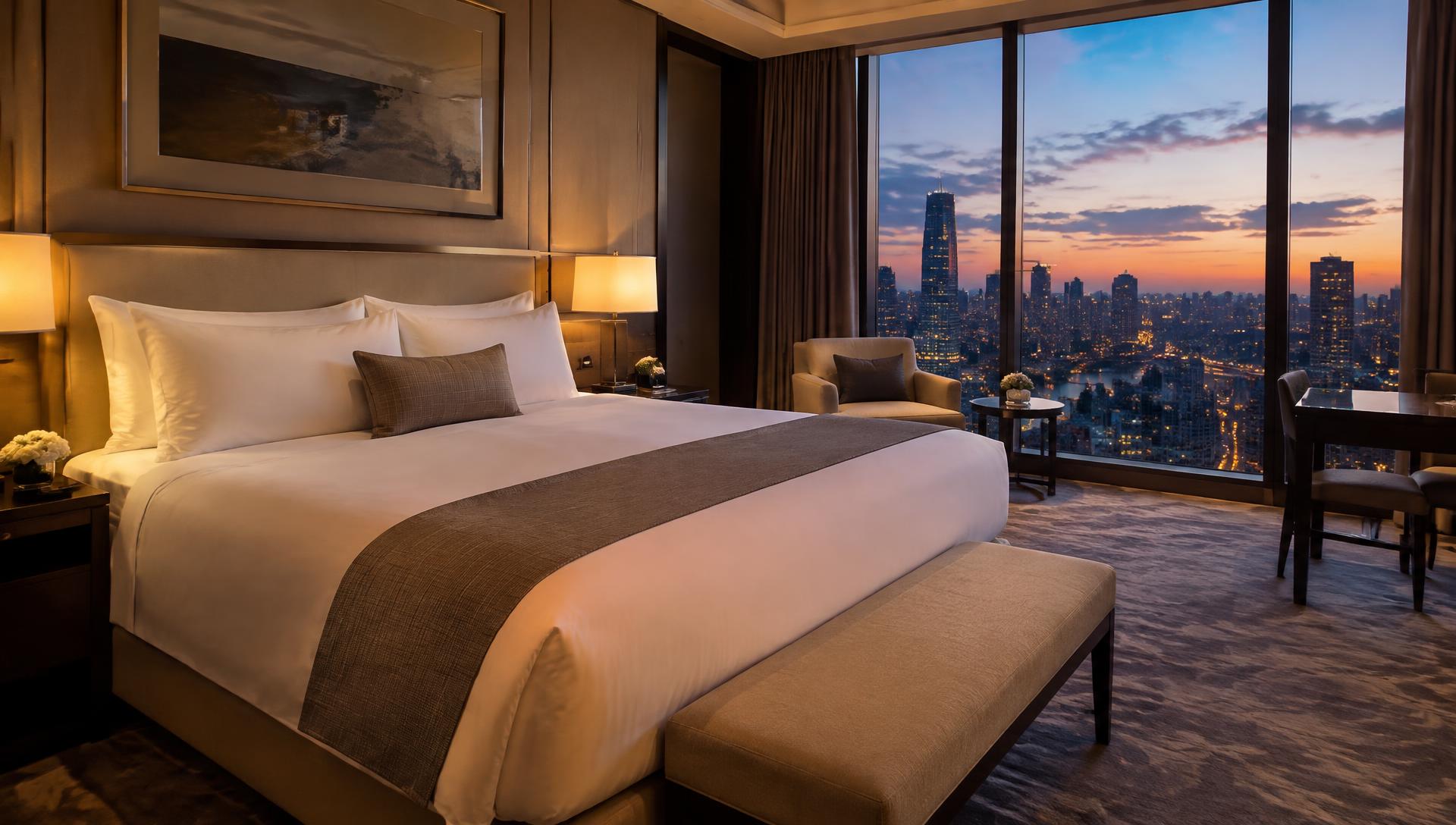 Premium hotel guest room with made bed, lamps and city view