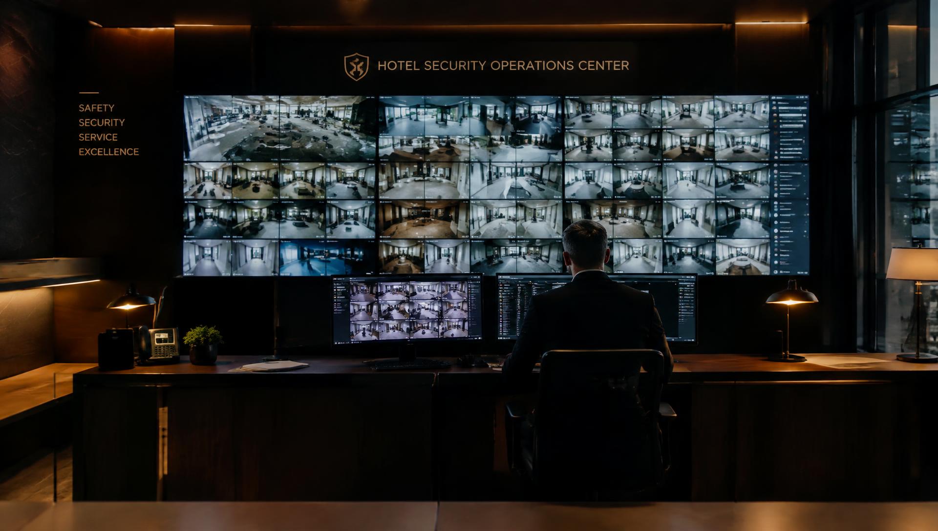 Calm operator monitoring CCTV screens in a hotel security centre